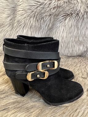 Jimmy Choo Black Suede Ankle Boots with Gold Buckles Size 34